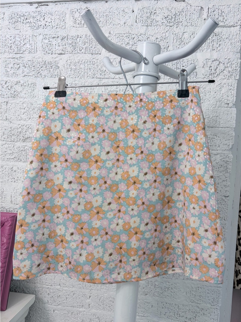Altar’d State Floral A-Line Mini Skirt in Pastel Peach & Mint